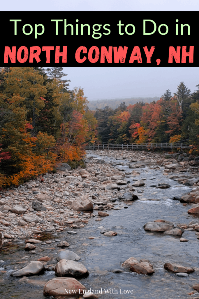 Picture of a river with stones and rocks and fall leaves on each side. Banner at top says "North Conway, NH"