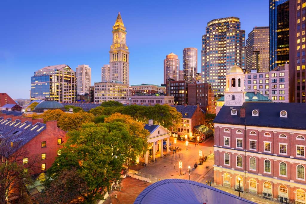 Aerial view of tall buildings in a vacation destination in New England