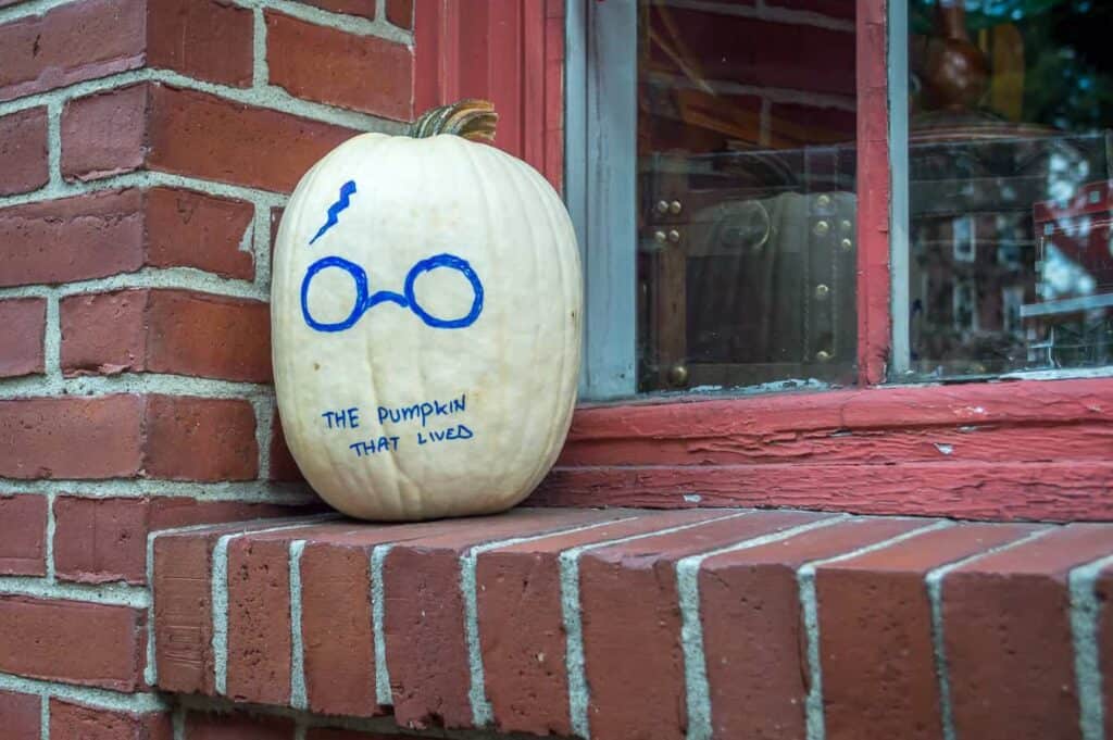 A white pumpkin decorated with glasses and a lightning scar. it reads " the pumpkin that lived" - a Harry Potter pumpkin