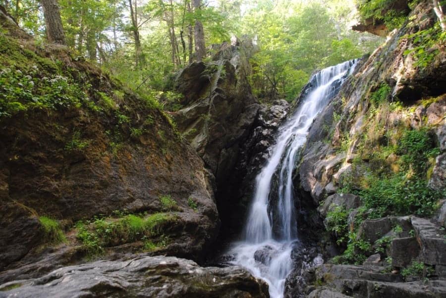 Water cascading down rocks into a river, surrounded by forest at one of the most popular Litchfield Hills waterfalls.