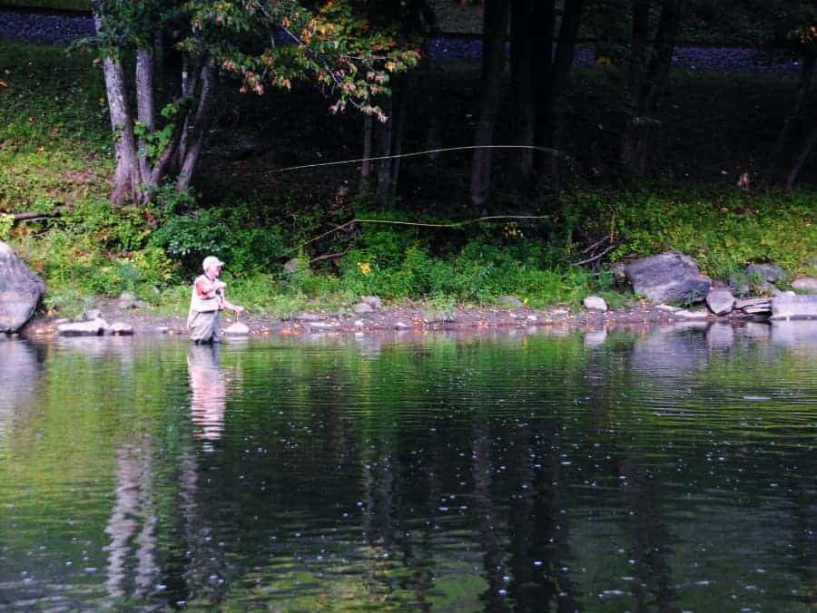 Man standing in a river while fishing next to a forest.