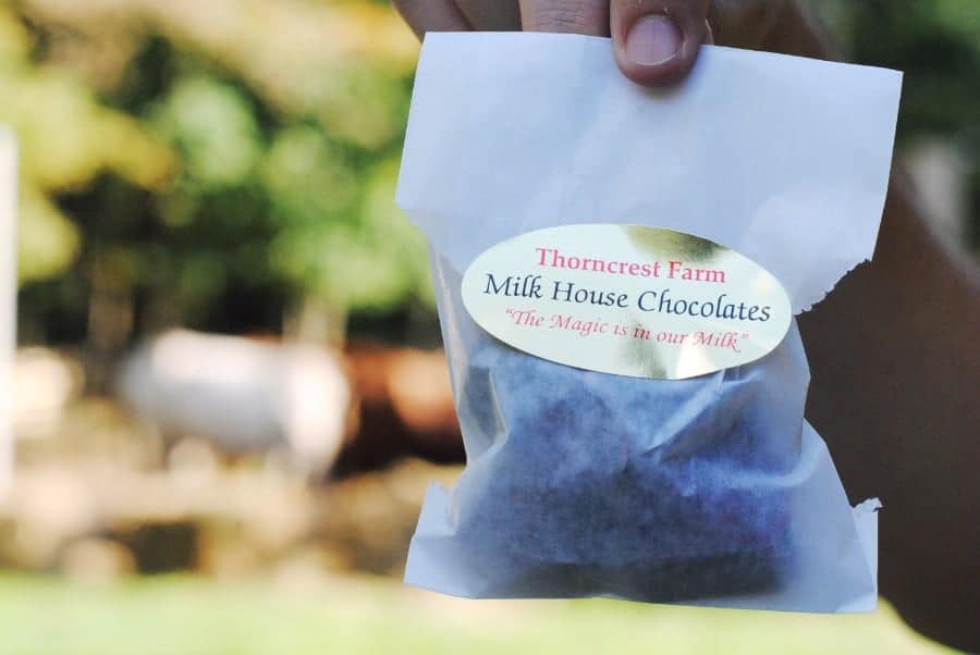 Close up of someone holding a bag that says, \"milk house chocolates.\" in Litchfield Hills, Connecticut.