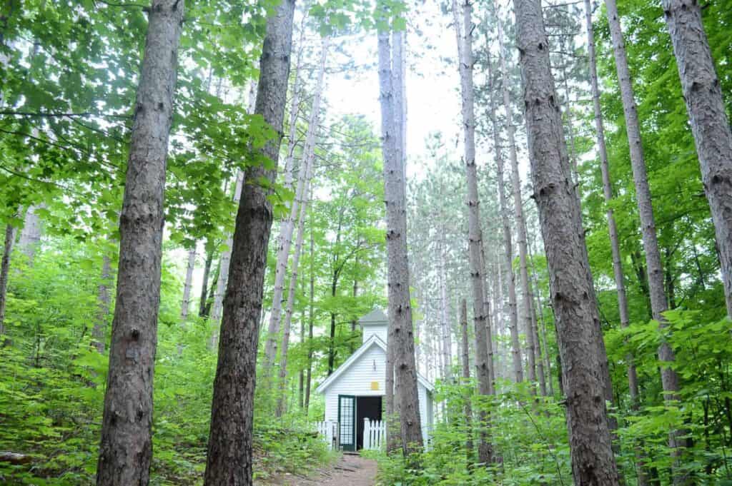 Small cabin seen between trees in the forest in Woodstock Vermont