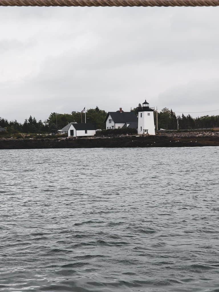White and black lighthouse sits on the coast in the distance; the foreground features a serene body of water under a grey sky.