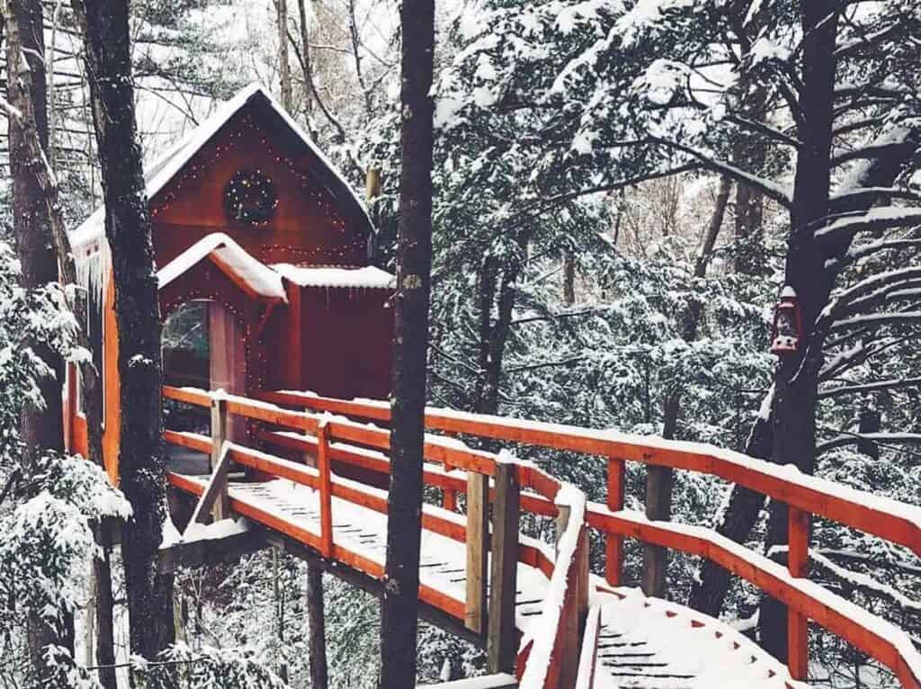 A snow covered walkway and an Airbnb cabin in the woods 