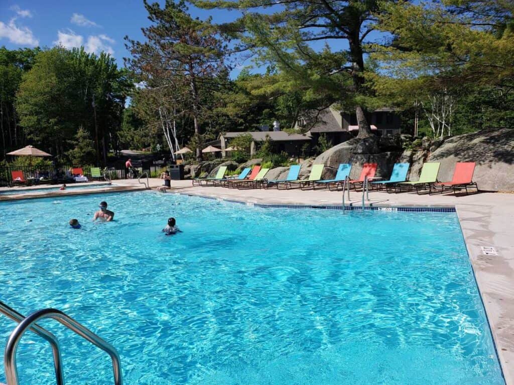 A group of people swimming in a pool surrounded by trees.