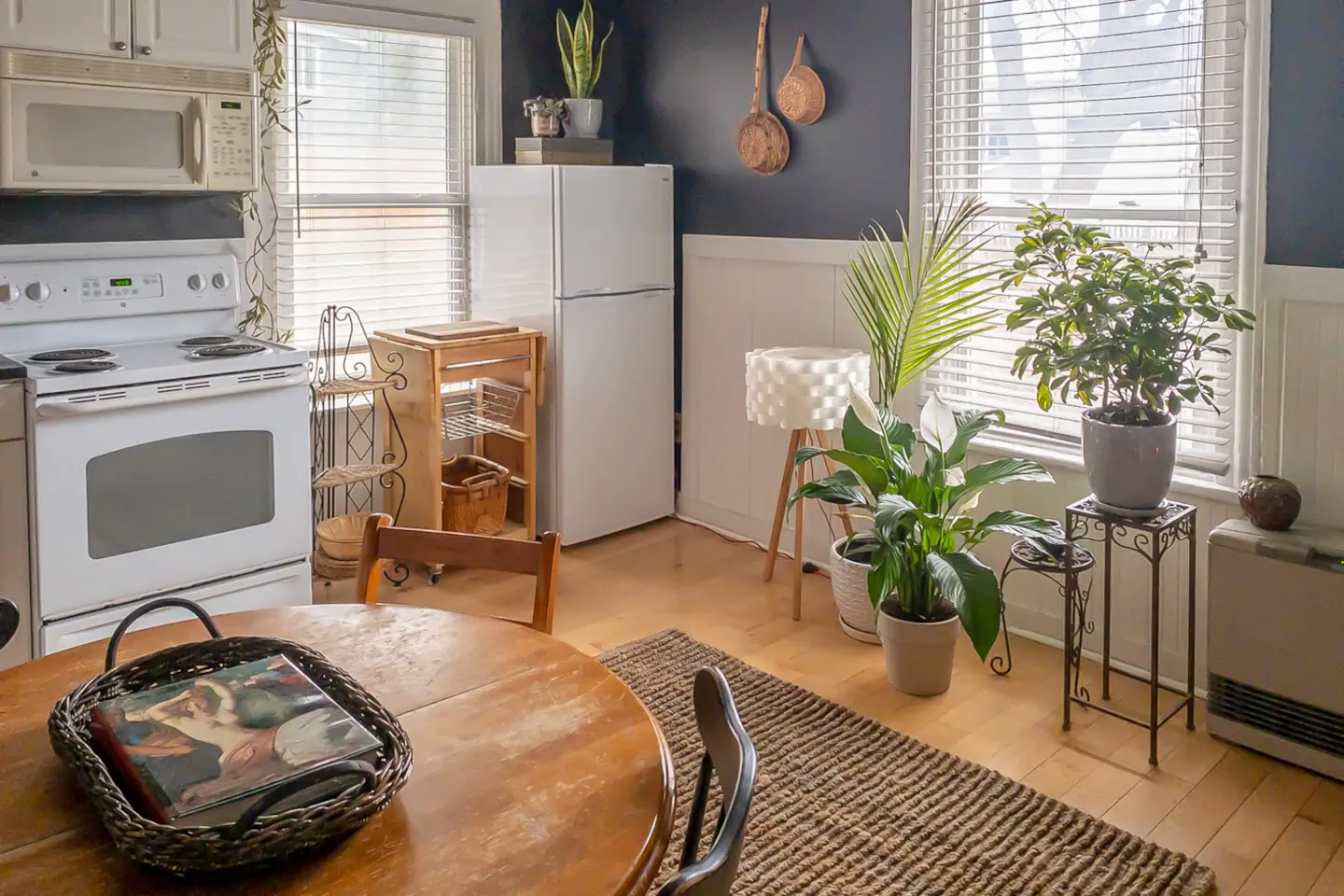 A kitchen area with two toned grey and white walls. In the corner, a white fridge sits with plants on top. More plants line the right side of the frame by a window. The forefront has a wooden table with mismatched wooden chairs.