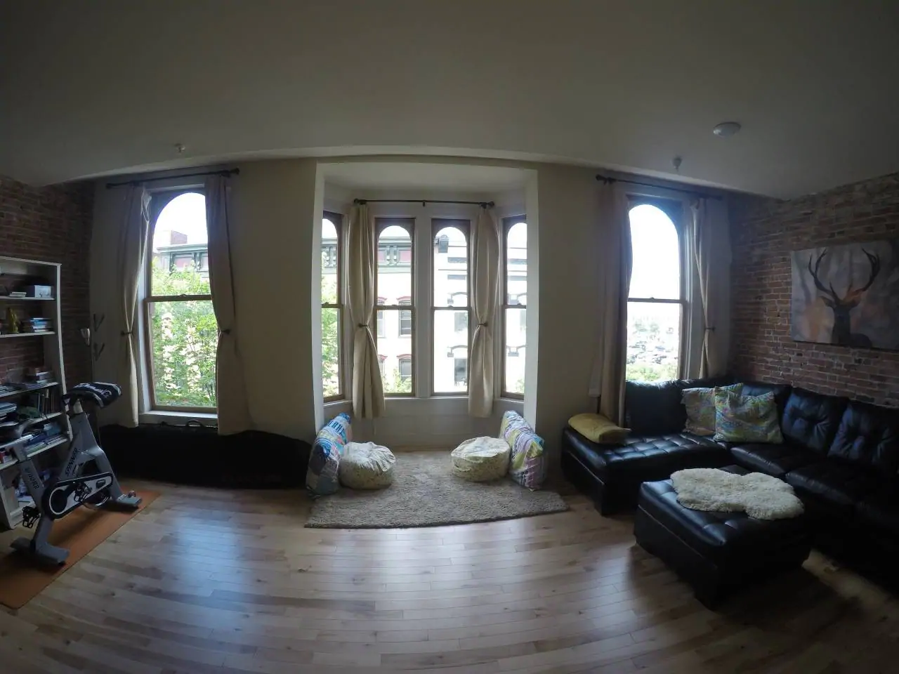 Living room with cream walls and lots of windows lining the back wall. To the right, leather couches are sat with pillows on them. 