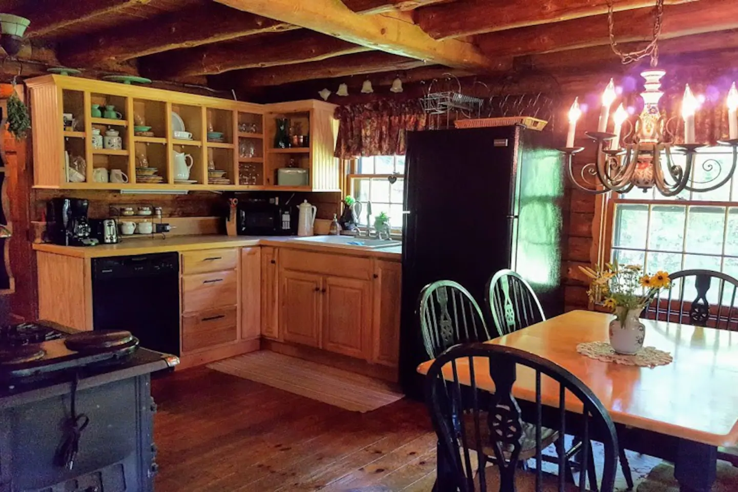 Interior of kitchen with post and beam ceiling