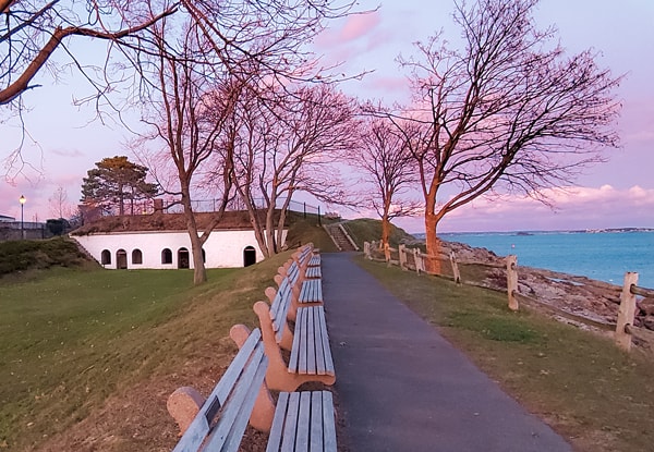 A row of wooden benches on a path next to a body of water