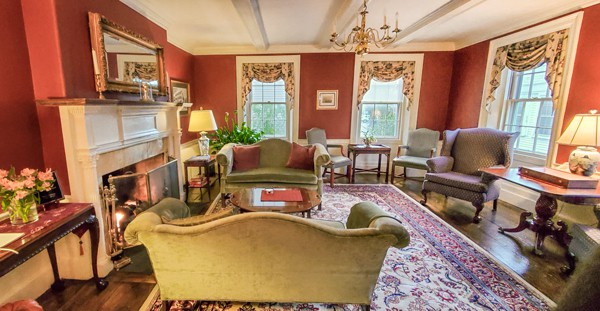 Interior of luxurious living room with a gold couch