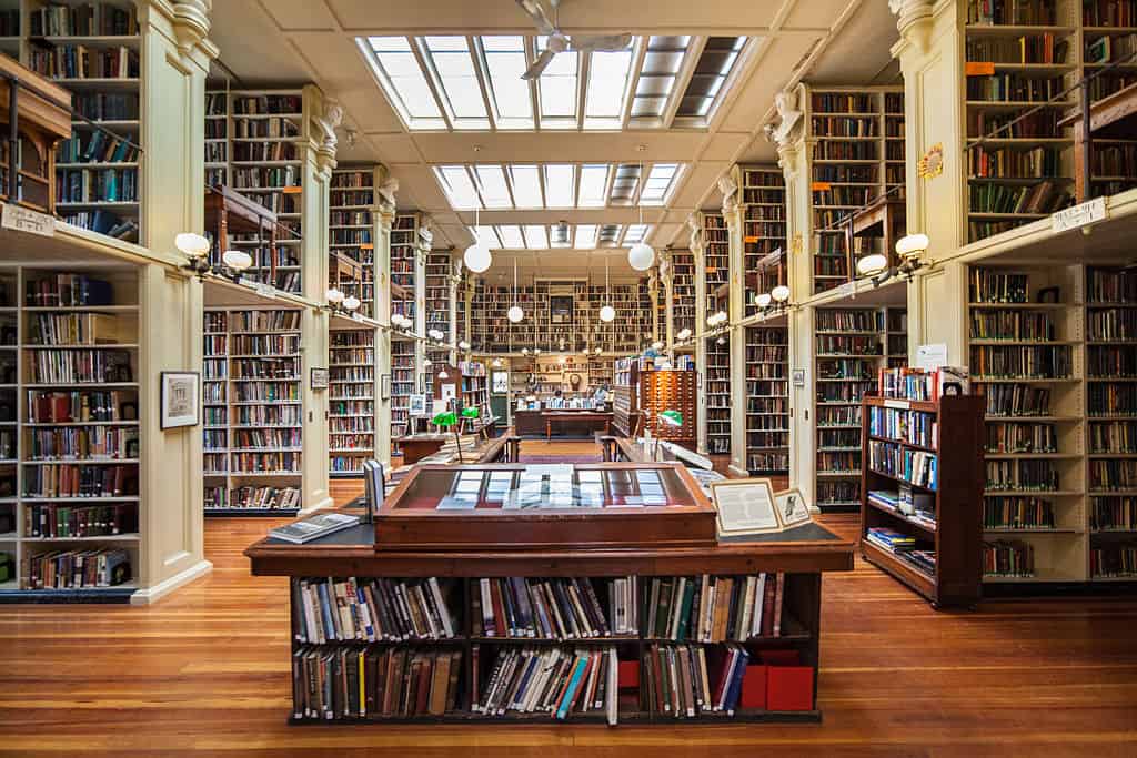 Large table with shelves filled with books 