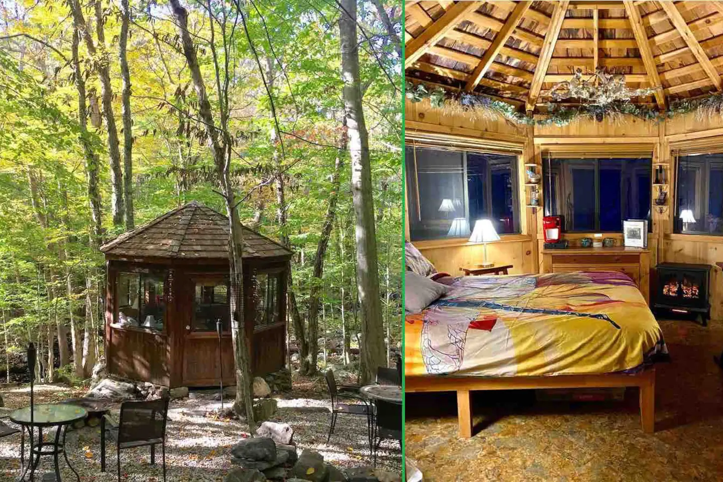 Juxtaposition of two images next to each other. The left image is the exterior of a brown cylindrical cabin in the woods. The right image is the interior of the cabin, featuring a bed and a high vaulted ceiling.