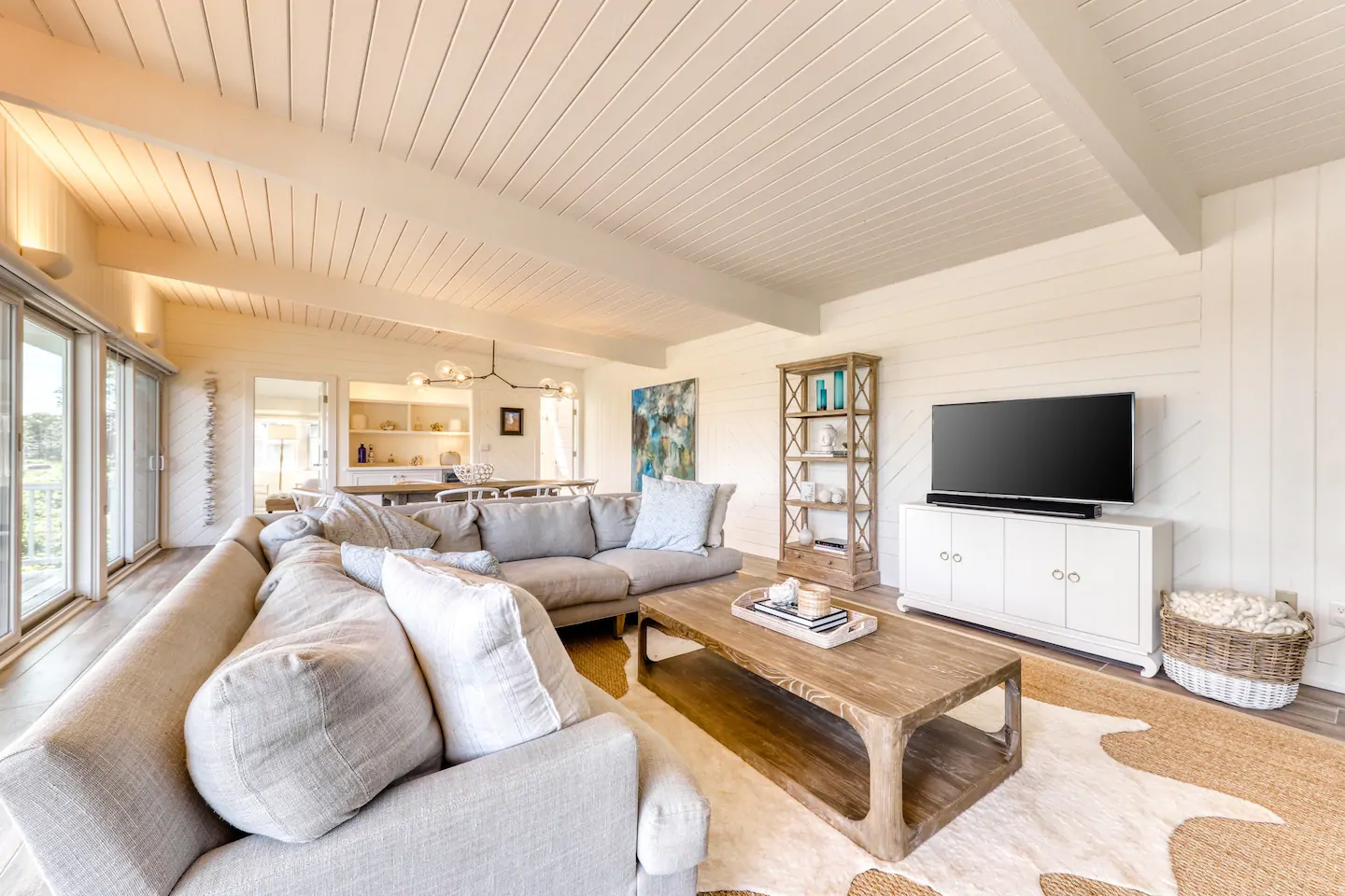 A living room with a sofa and coffee table