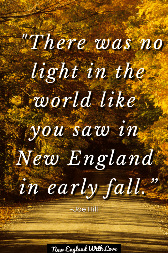 Text overlaid on a path leading through a forest with fall foliage that says: “She ran into the early-October afternoon. The light came at a low slant through the oaks across the street, gold and green, and how she loved that light. There was no light in the world like you saw in New England in early fall.” — Joe Hill 