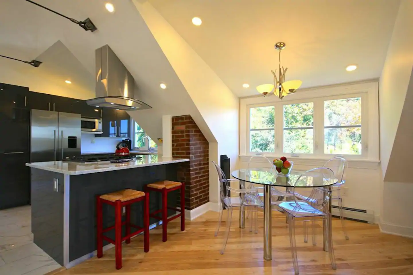 Interior house with bar and glass dining table