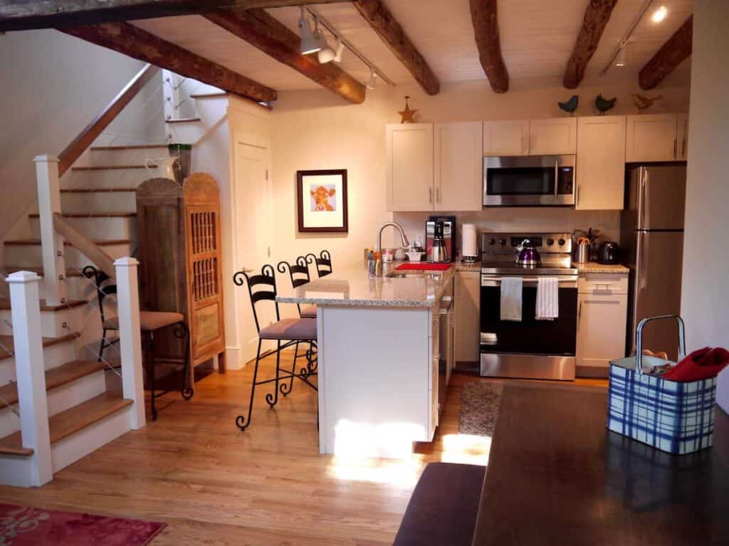 Interior of a kitchen with steps going up