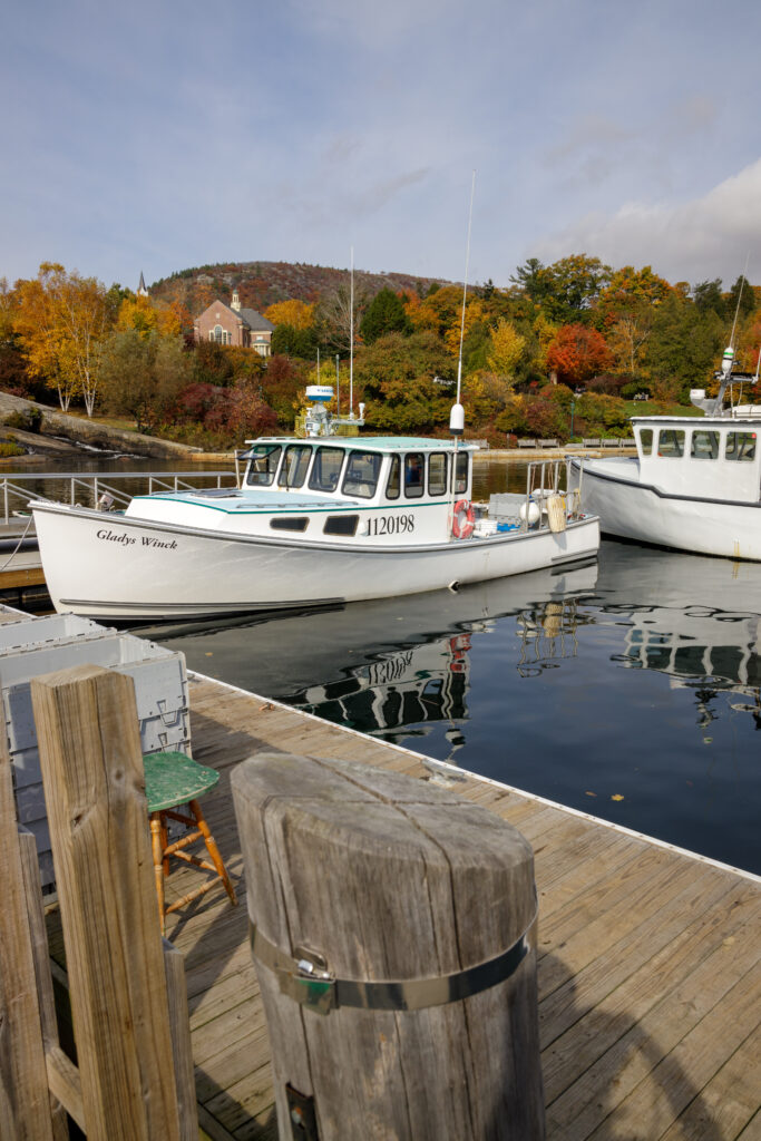 A harbor with boats is nestled into fall foliage in Maine under a moody looking sky