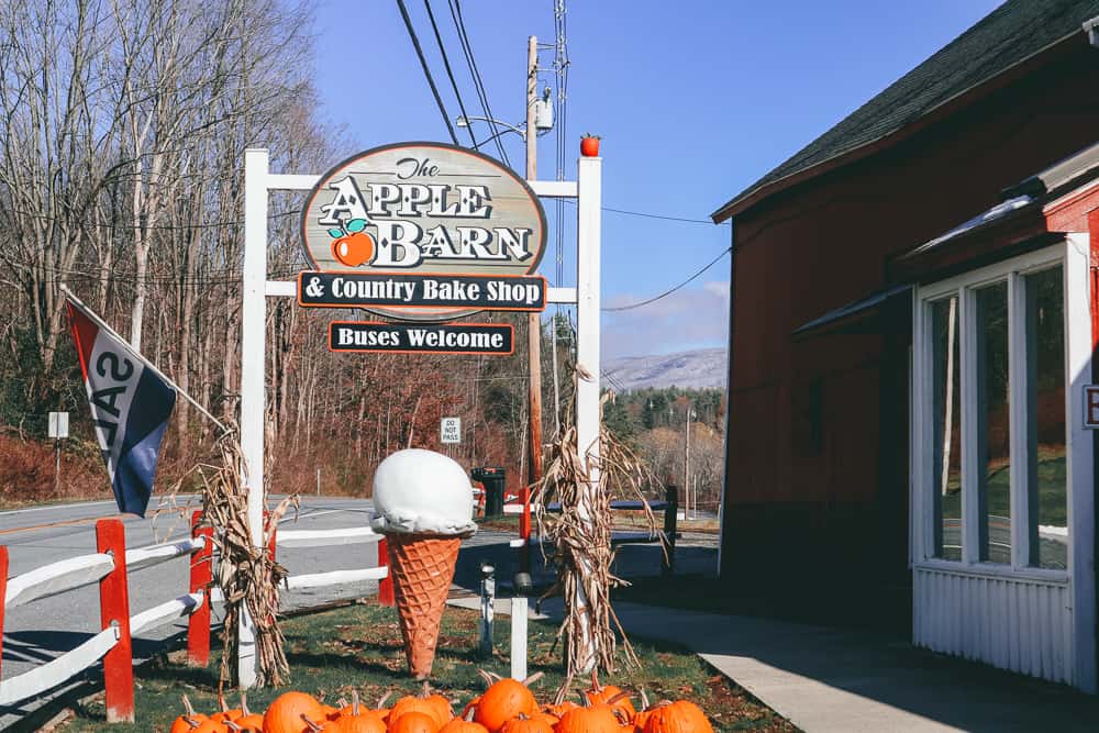 Apple Barn sign with ice cream cone and pumpkins in the foreground