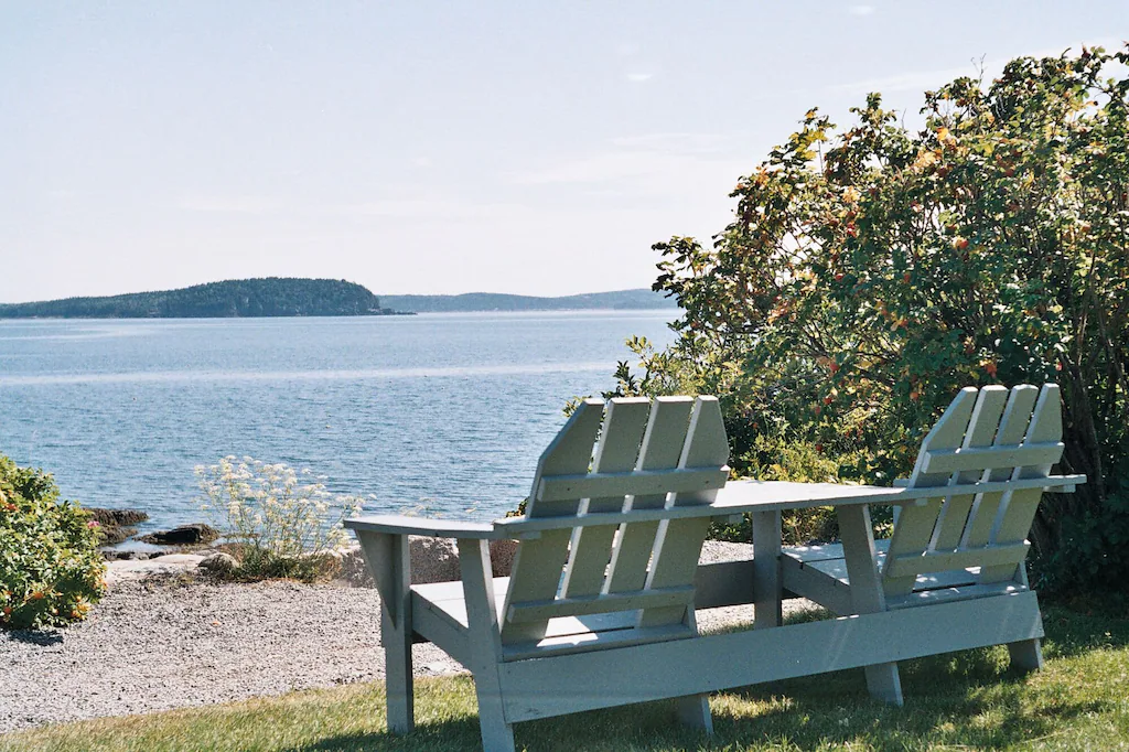 Adirondack chairs facing a body of water on a sunny day