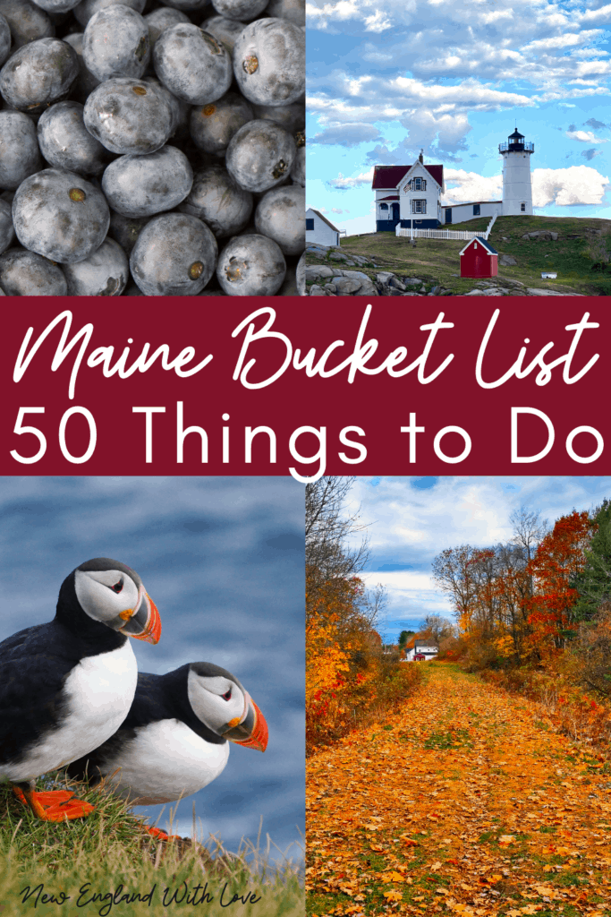 Pinterest graphic reading "Maine Bucket List 50 Things To Do"