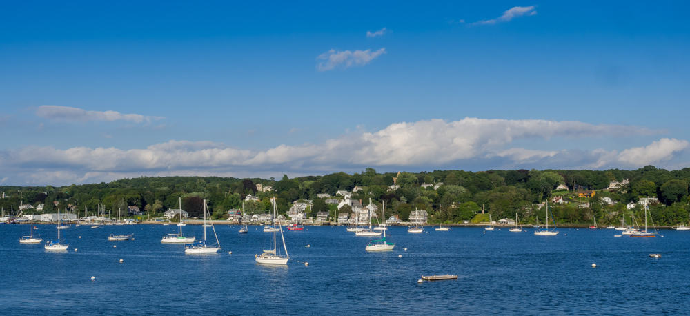 Numerous boats sailing on a body of blue water with land in the distance