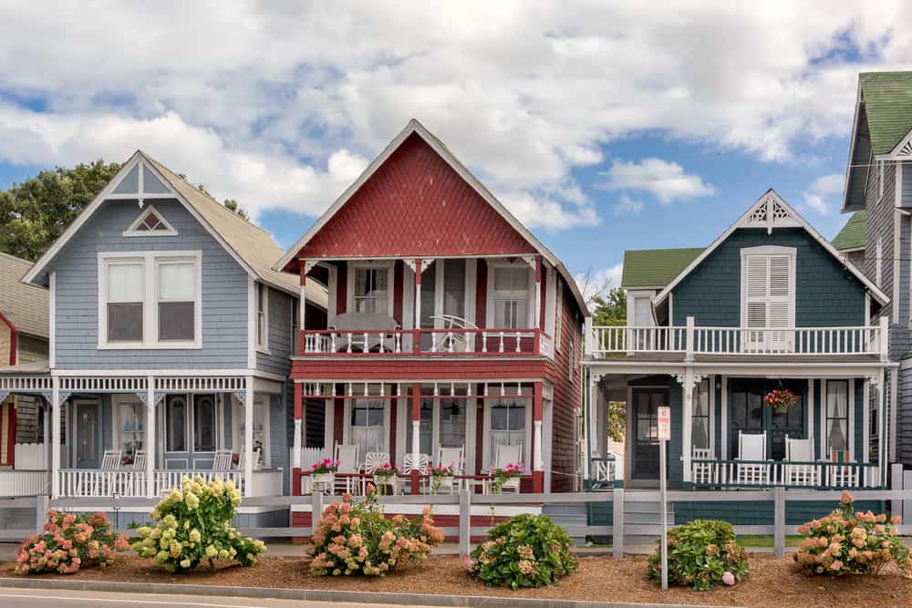 Bushes in front of colorful 2-story houses