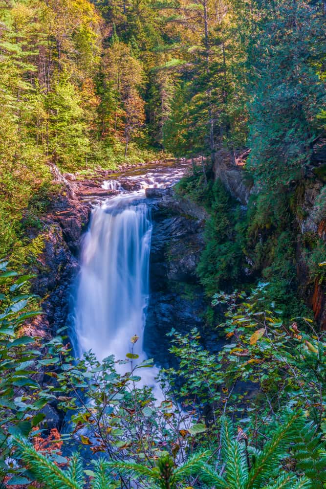 Waterfall cascades down rocks in a forest.