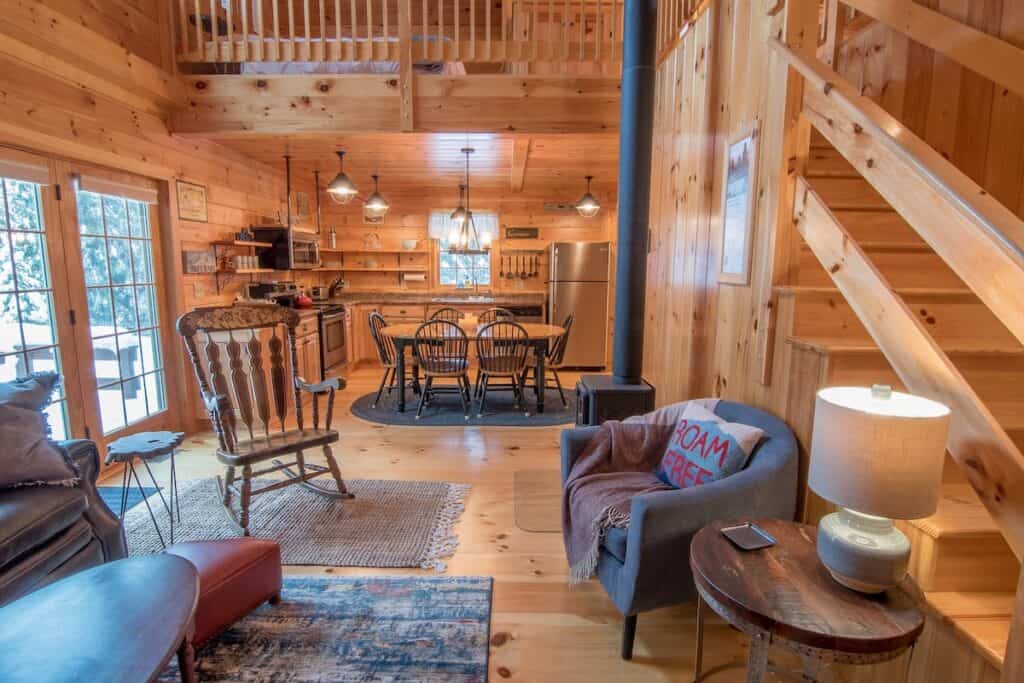 Interior of living room with loft in a mountain chalet