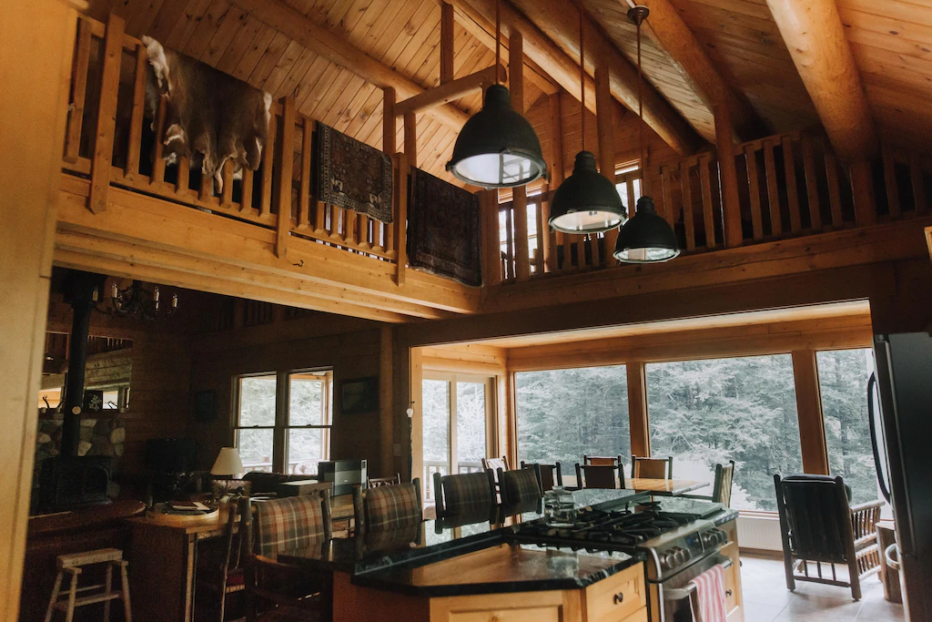 Interior of mountain chalet with a loft