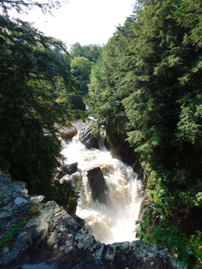 Large rushing waterfall cascading through a forest.