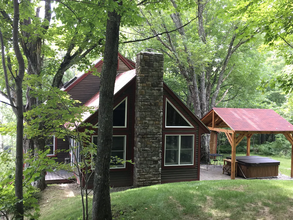 Exterior of a mountain chalet with a stone chimney