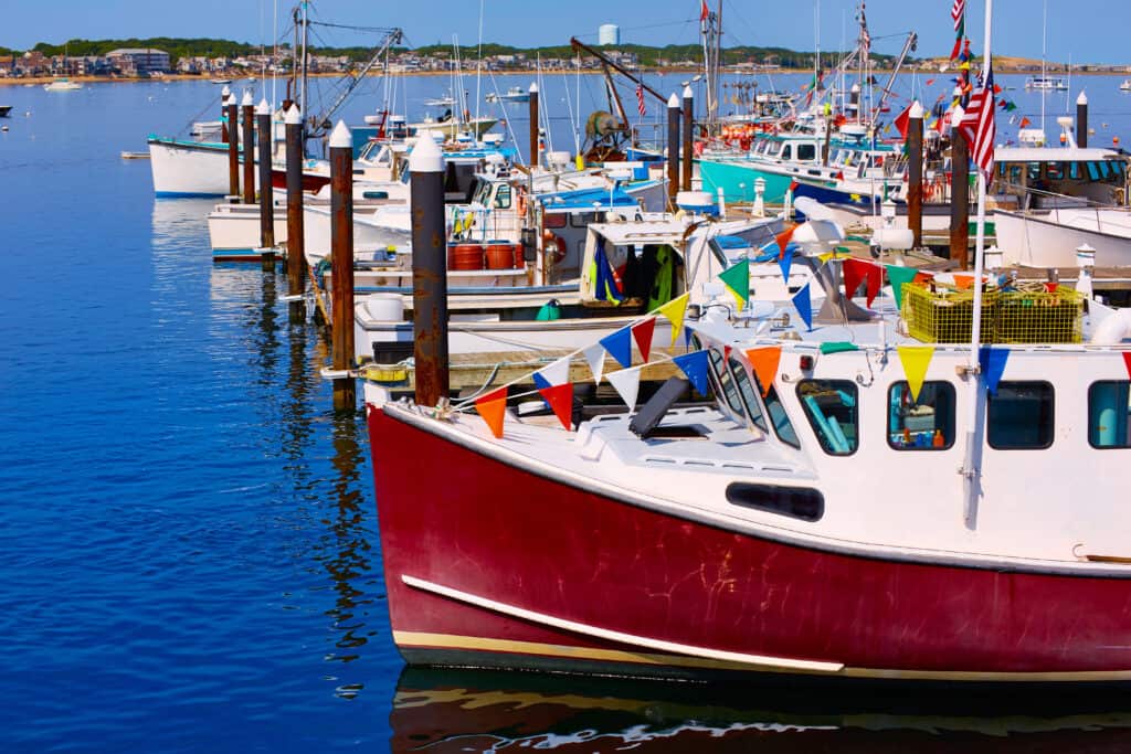 Several boats docked next to a body of water