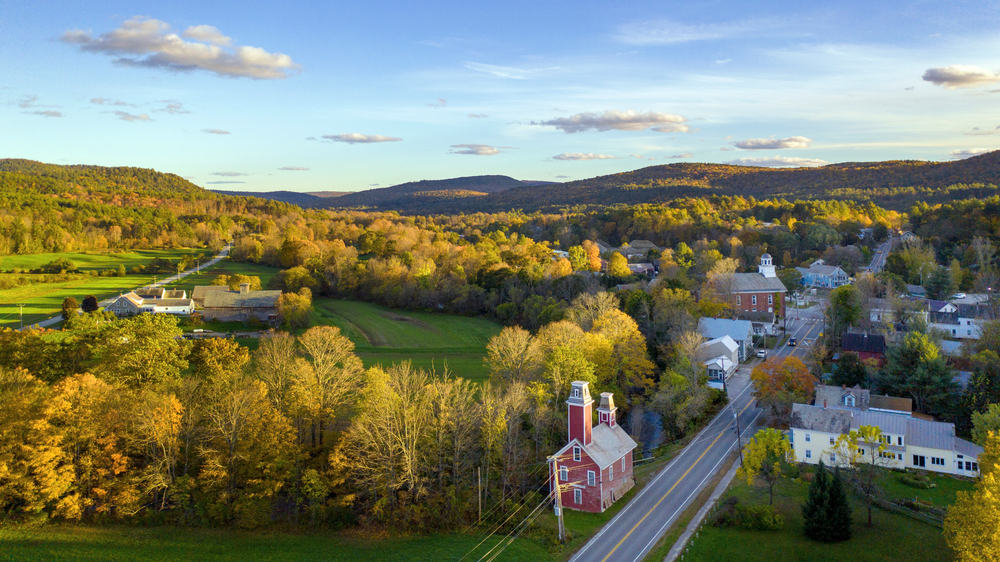 Aerial view of mountains and fall trees