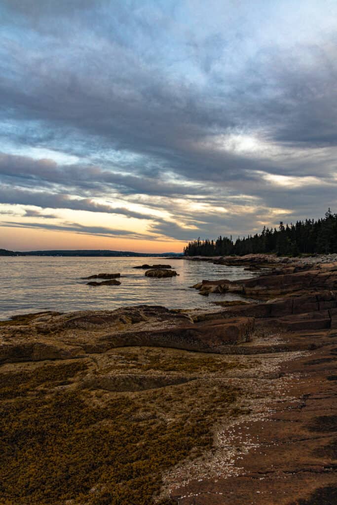 View of an orange and blue sunrise over a rocky coastline, with trees in the distance.