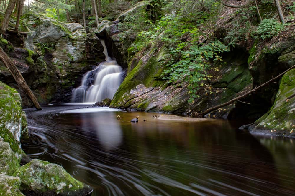 A Connecticut waterfall is seen in a moody forest with moss covered rocks.