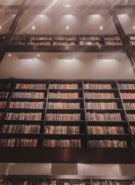 Tall shelves of books extend up as far as the eye can see in a massive library