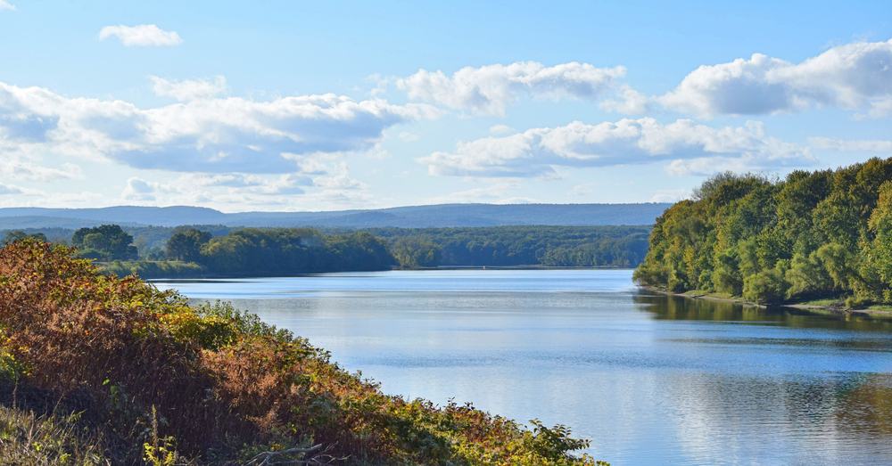 Fall foliage forests surrounding a serene lake under a blue sky with a few fluffy clouds in scenic Western Massachusetts Pioneer Valley.