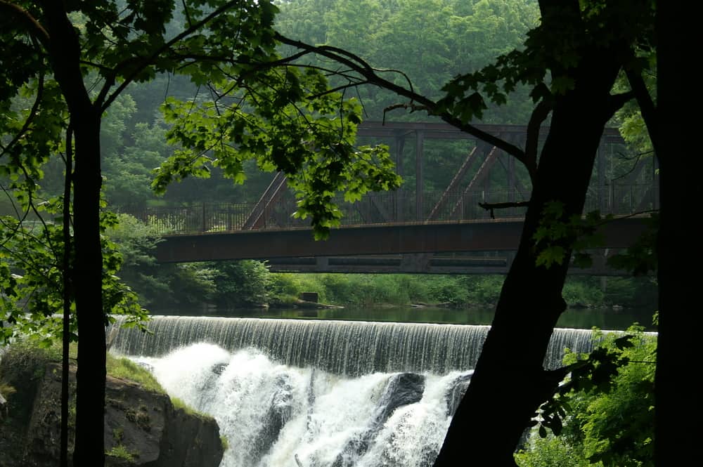 A bridge stretches across a forest with dark, moody greenery. Under the bridge is a long, cascading waterfall.