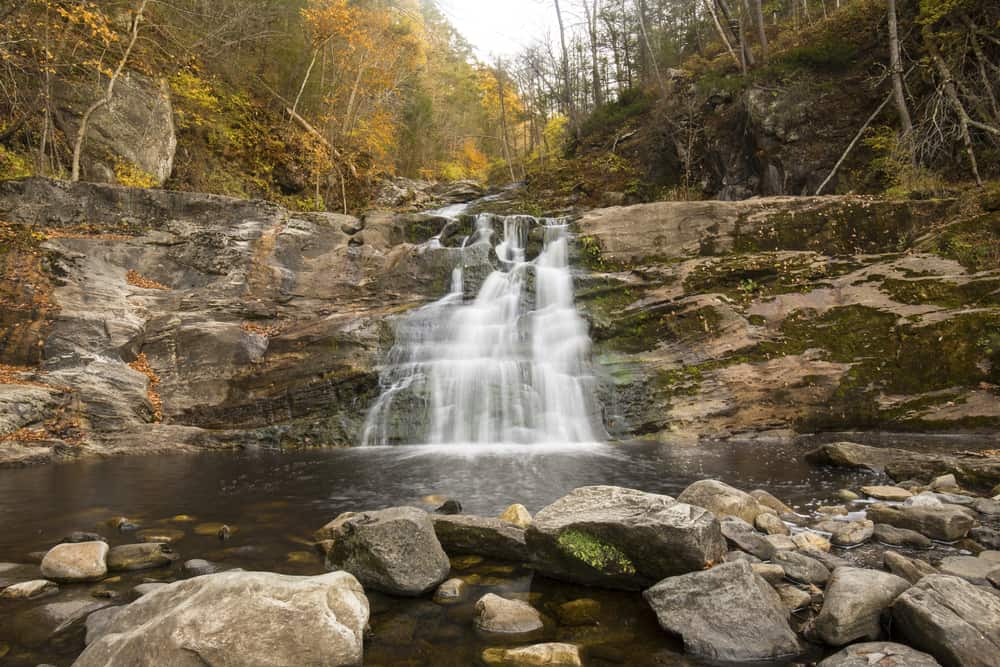 Landscape view of a forest with yellow trees in fall as a Connecticut waterfall cascades down a rocky cliff into a body of water.