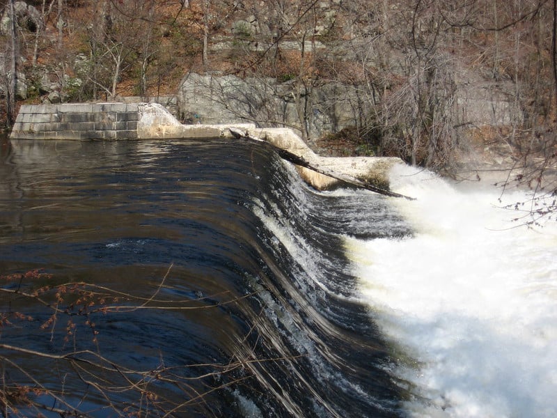 Waves crashing down from a waterfall next to dead trees.