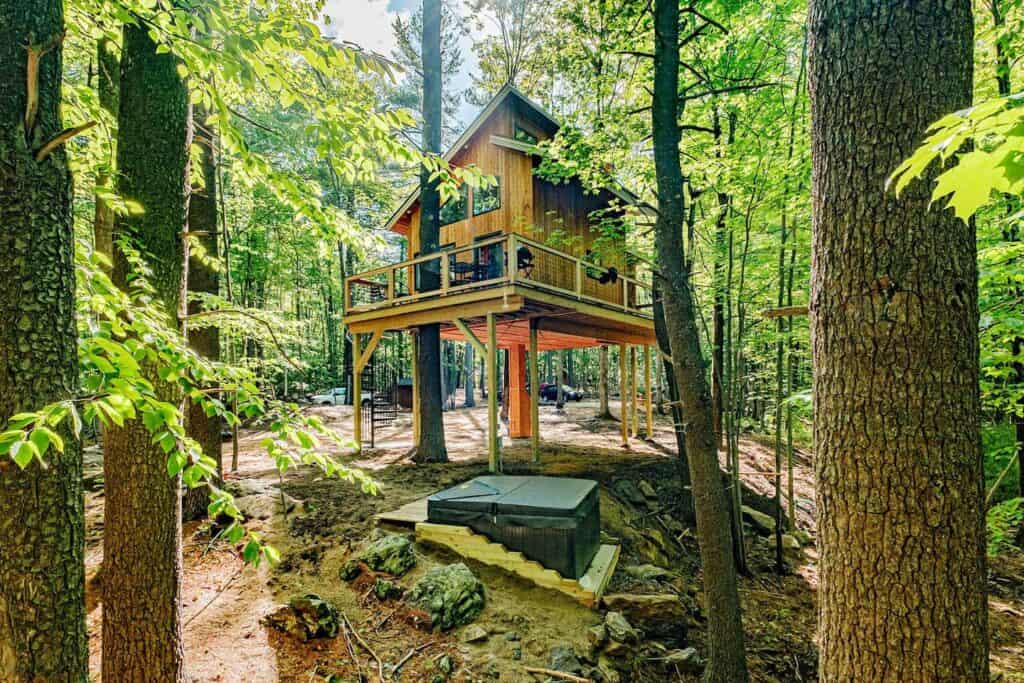 A large treehouse in the woods
