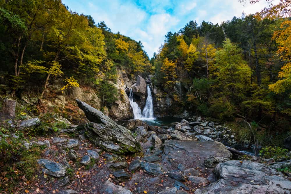 Two waterfalls crashing into the water in a lush forest under a bright blue sky.