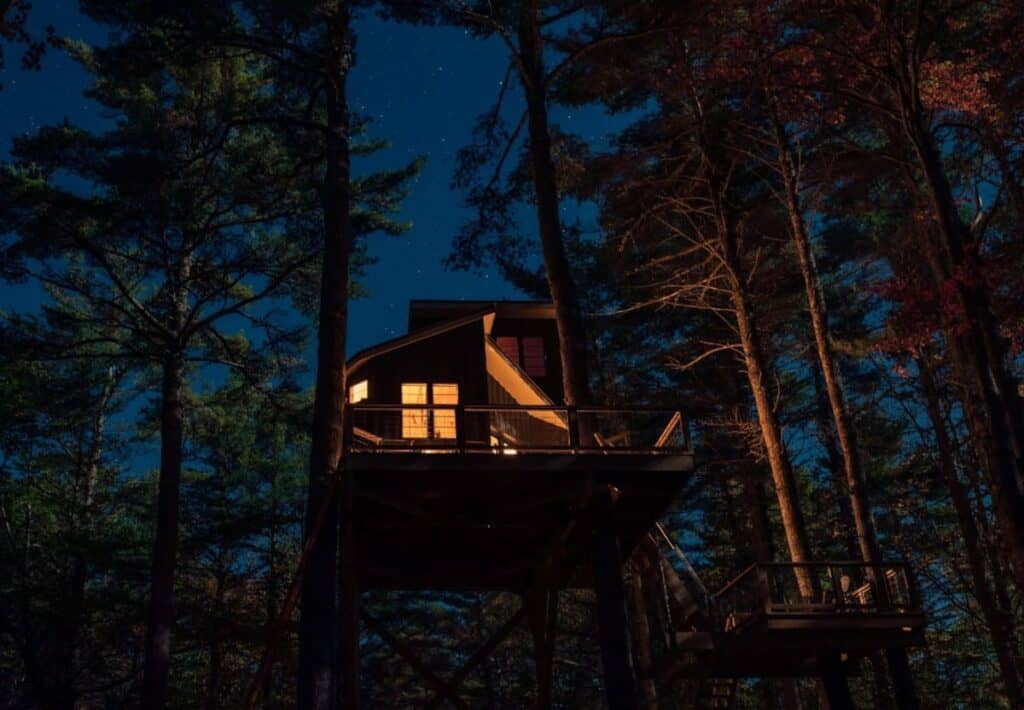 A treehouse high in the trees with lights on in the evening