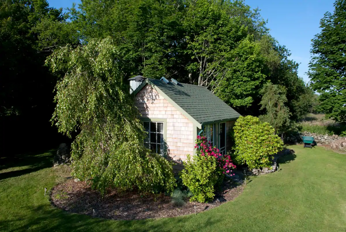 Quaint cottage with green trim surrounded by forestry.