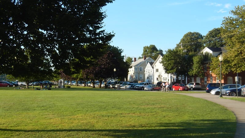 A large lawn with a white building and cars in the distance