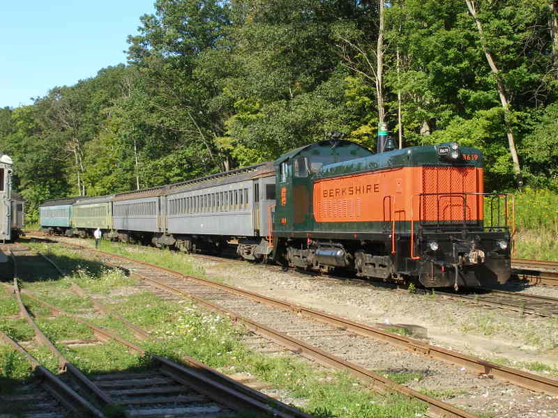 A train with mountains behind it