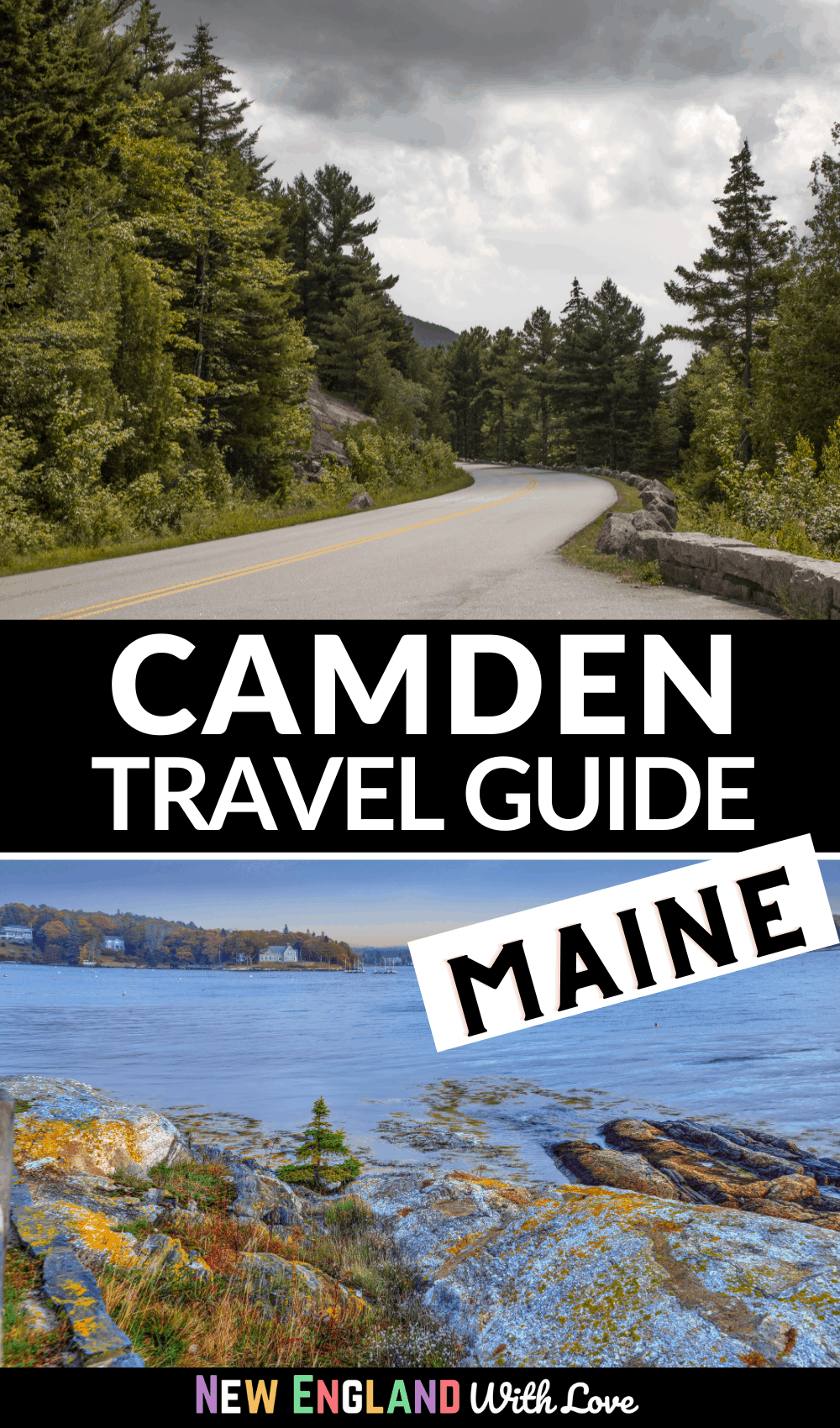 Pinterest graphic reading "Camden Travel Guide Maine"