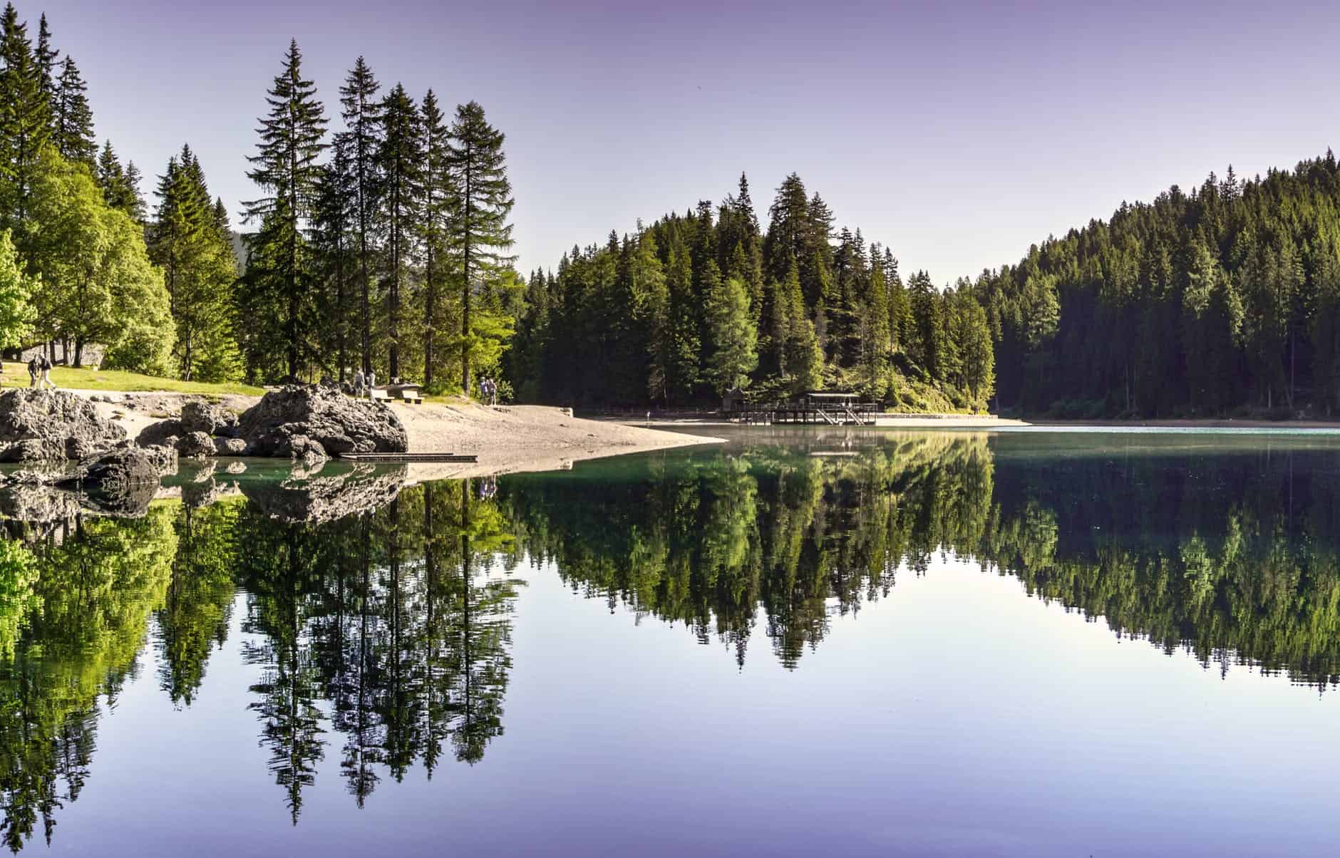 A body of water surrounded by trees reflecting in the water
