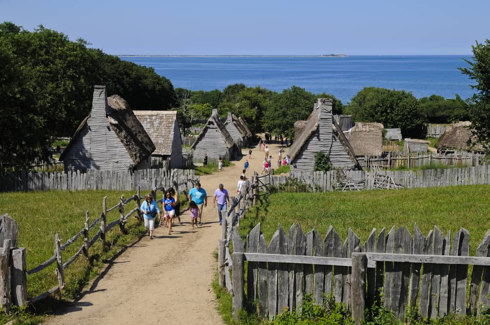 A picture of several historical style houses in Plymouth Plantation